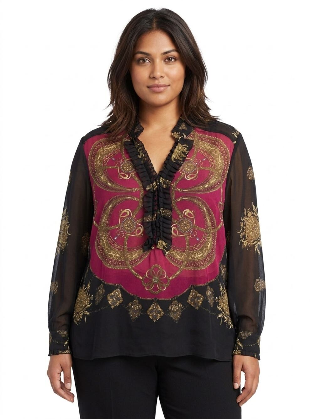 Lane Bryant 100% Silk Black Pink Paisley Ruffle Blouse Women Size 22/24
